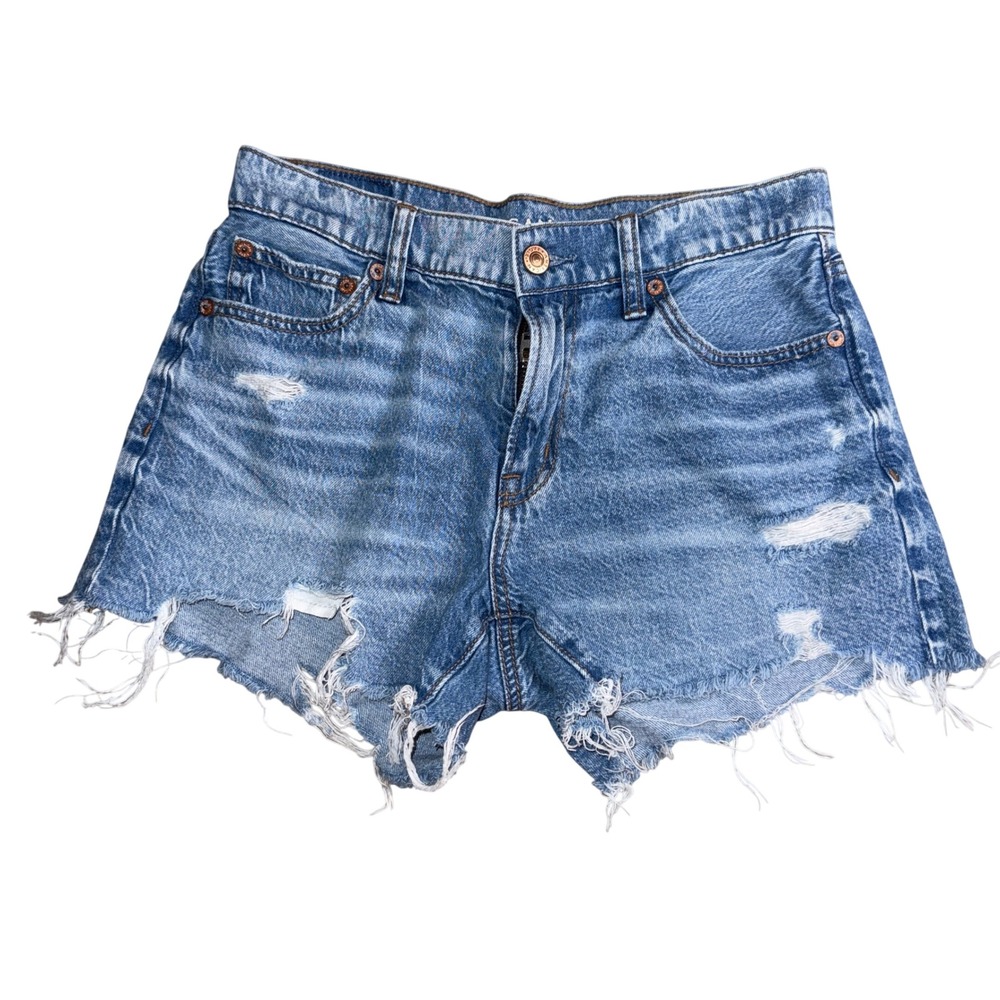 American Eagle 90s Boyfriend Shorts 0 Blue Distressed Raw Hem High Rise Denim